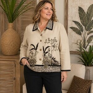 Vintage Sharon Young‎ Jacket Linen Blend Safari Animal Print Women's XL Beige